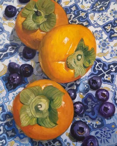 Jacques Soulas | Persimmons Vintage Food Painting, Still Life With Oranges, Acrylic Paint Still Life, Orange Blue Painting, Persimmon Painting, Blue And Orange Painting, Oil Color Art, Blue And Orange Art, Painting Of Food