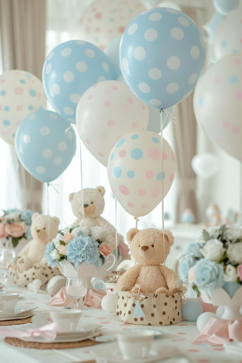 30 Beautiful Teddy Bear Baby Shower Centerpieces for a DIY Celebration Stuffed Animal Centerpieces, Teddy Bear Baby Shower Theme Decoration, Baby Table Decorations, Baby Shower Decorations Simple, Teddy Bear Baby Shower Centerpieces, Bear Centerpiece Ideas, Bear Baby Shower Centerpieces, Teddy Bear Dessert Table, Baby Shower Boy Ideas