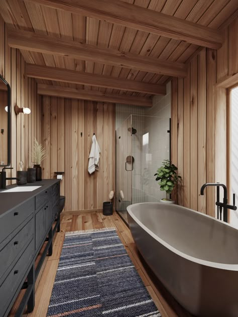 Sherwood - Oregon Homes Modern Log Home Interiors, Modern Cabin Bathroom, Modern Cabin Interior Design, Farm Style Bathrooms, Lodge Interior Design, Log Cabin Interior Design, Terrace Exterior, Oregon Homes, Modern Log Home