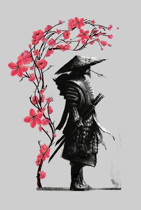 Samurai Tattoo, Black And White, Flowers, Red, White, Black