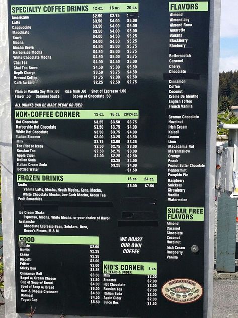 Harborside Fly by, Kodiak - Restaurant Reviews, Photos & Phone Number - TripAdvisor Drive Thru Menu Design, Drive Thru Menu Boards, Drive Thru Coffee Shop Ideas, Coffee Stand Drive Thru, Drive Thru Coffee Shop Design, Cafe Dishes, Cowboy Bob, Spices List, Coffee Shop Menu Board