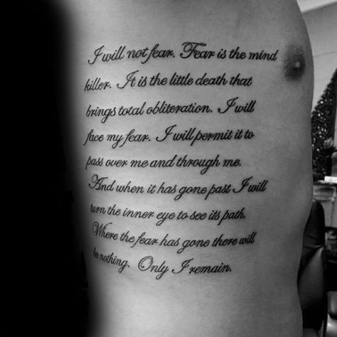 Quote About Fear Mens Rib Cage Side Tattoos Rib Scripture Tattoo Men, Mens Rib Tattoo Ideas Quotes, Rib Quote Tattoos Men, Rib Cage Quote Tattoos, Long Script Tattoo, Rib Tattoos For Guys Quotes, Long Tattoo Quotes, Tattoo Text Ideas Men, Long Text Tattoo