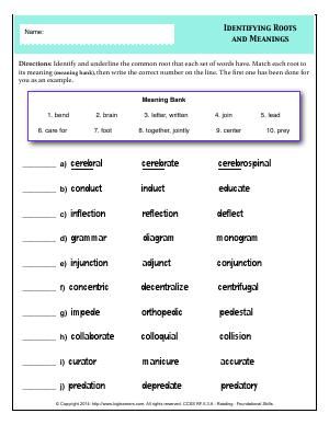 Worksheet | Identifying Roots and Meanings | Identify and underline the common root that each set of words has. Match each root to its meaning. 5th Grade Spelling Words, 5th Grade Spelling, Root Words Activities, Prefix Worksheet, Latin Root Words, Free English Worksheets, Suffixes Worksheets, Words Worksheet, Multisyllabic Words