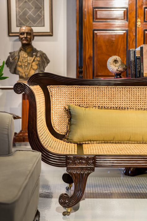 Detail of a British Colonial sofa made from rosewood with a hand woven cane seat. Dating from the mid 19th century this is from Gujarat in India. British Colonial Style Living Room, British Colonial Sofa, Pergola Outdoor Living, British Colonial Decor, Colonial Furniture, British Colonial Style, Colonial Decor, Indian Homes, Antique Store