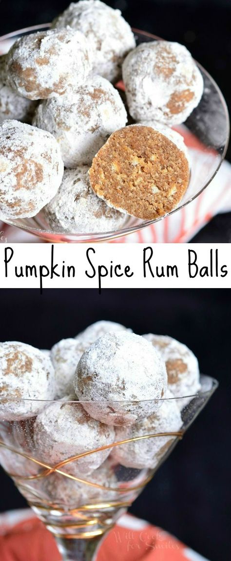 Pumpkin Spice Rum Balls. Cookie balls made with pumpkin spices, Rumchata and rum. These cookies are prefect for parties or just a cup of evening tea.  #dessert #cookie #nobake #rum #rumballs #pumpkinspice #Pumpkin Booze Balls, Pumpkin Spices, Cookie Balls, Rum Recipes, Holiday Sides, Rum Balls, Thanksgiving Drinks, Boozy Desserts, Bake Cookies