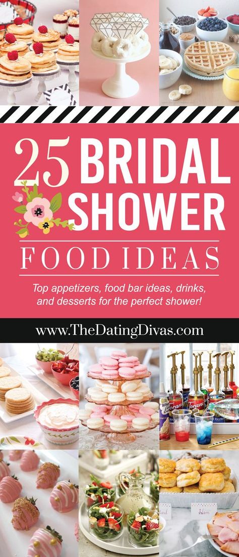 LOVE!!! Top 25 Bridal Shower Recipes and Food Ideas! Includes appetizers, cute food bar ideas, desserts, and drinks! Bridal Shower Food Ideas, Bridal Brunch Food, Shower Food Ideas, Bridal Shower Menu, Fun Bridal Shower Games, Bridal Shower Planning, Shower Desserts, Wedding Reception Food, Printable Bridal Shower Games