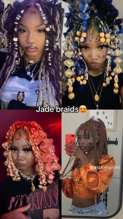 Huge Box Braids Hairstyles, Blue Box Braids Hairstyles, Braided Extension Hairstyles, Orange And Blue Braids, Short Jaded Braids, Jade Braids Black, Jade Bubble Goddess Braids, Jade Braids Locs, Junk Braids