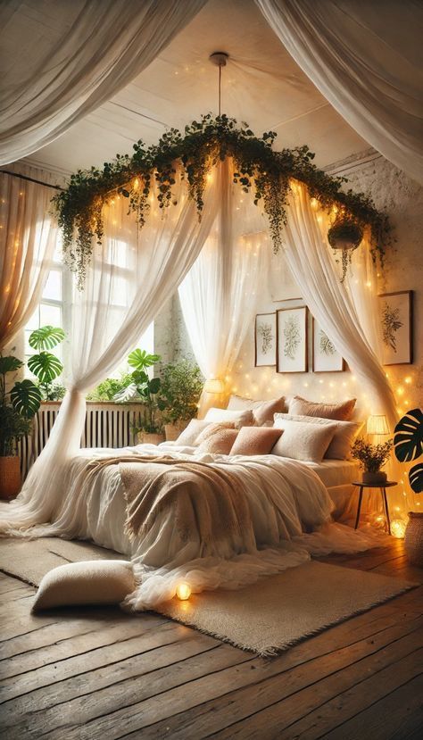 Canopy Bed Aesthetic Room, Cozy Bed With Curtains, Hanging Lights Above Bed, Botanical Boho Bedroom, Plant Canopy Bed, Vine Canopy Bedroom, Fairy Lights Above Bed, Curtains Over Bed, Bohemian Daybed