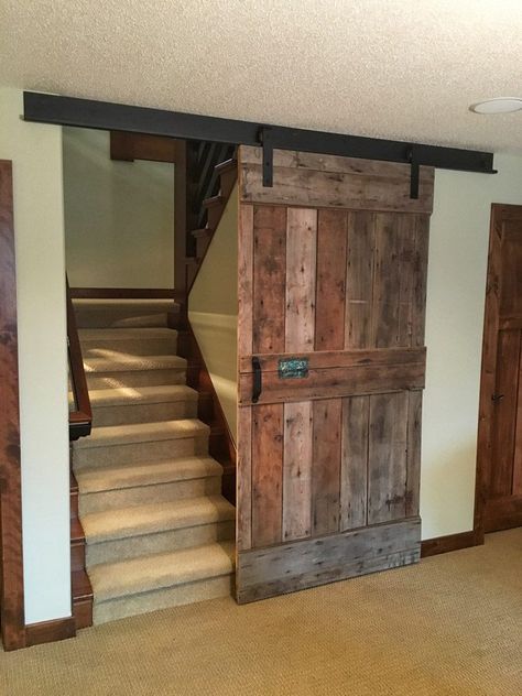 Barn Door Basement, Bottom Of Stairs, Basement Stairs Ideas, Basement Doors, Barn Style Doors, Basement Stairs, Easy Wood Projects, Residential Doors, Interior Stairs