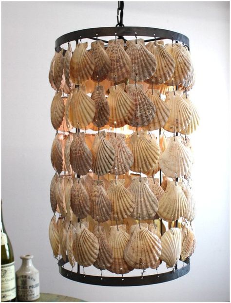 Round Cylinder Scallop Shells Chandelier Pendant Light w Iron Frame Beach High Designer Style Shells Chandelier, Beach Chandelier, Nautical Chandelier, Sea Glass Chandelier, Driftwood Chandelier, Coastal Chandelier, Rope Chandelier, Beachfront Decor, Shell Chandelier