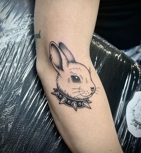 New School Bunny Tattoo, Voodoo Bunny Tattoo, Funny Bunny Tattoo, Cute Bunny Tattoo Ideas, Goth Rabbit Tattoo, Rabbit Flash Tattoo, Goth Bunny Tattoo, Bunnicula Tattoo, Bunny Stuffed Animal Tattoo