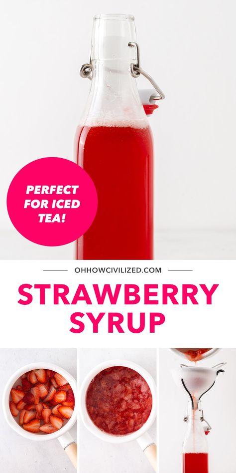 Tea Syrup Recipe, Simple Syrup For Cocktails, Strawberry Syrup Recipe, Homemade Strawberry Syrup, Syrup For Cocktails, Strawberry Syrup Recipes, Boba Tea Recipe, Strawberry Simple Syrup, Simple Syrup Cocktails