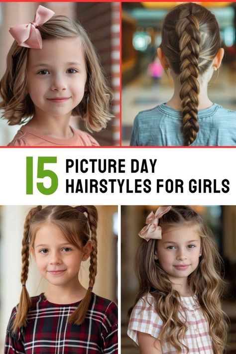 Girl Hairstyles For Photoshoots, Good Hairstyles For Picture Day, Toddler Hair Family Pictures, School Photo Hairstyles Short Hair, Hairstyles For 1st Graders, Hairstyle For 10 Year Girl, Growing Out Bangs Hairstyles For Kids, Photoday Hairstyles School, Prek Picture Day Hair