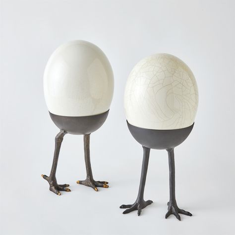 Ostrich Egg on Legs Ostrich Egg Decor, Ostrich Egg Art, Ostrich Egg, Leg Art, Ostrich Legs, Ceramic Egg, Humpty Dumpty, Global Views, Seashell Art