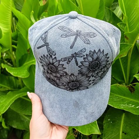 A client asked for 2 hats both with sunflowers and dragonflies. They came out so perfect I love them! . . . . #hatburning #burnedhat #customhat #sunflowers #Dragonfly Burned Ball Cap, Cowboy Hat Design, Hat Burning, Hat Design, Custom Hats, Cowboy Hat, Dragonflies, Ball Cap, Hat Designs