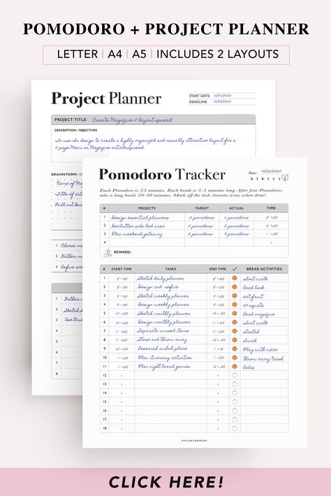 Business Weekly Planner, Pomodoro Planner Free Printable, Personal Project Planners, Pomodoro Technique Printable, Templates Notes, Project Planners, Pomodoro Planner, Printable Project Planner, Project Organizer