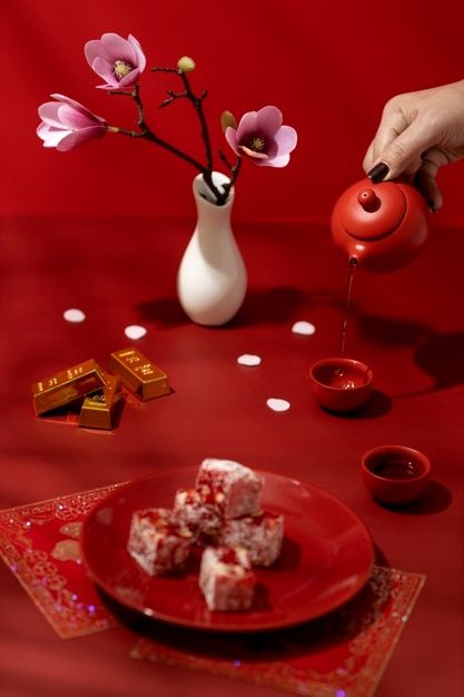 Chinese New Year Editorial, Chinese New Year Jewelry, Cny Photography, Chinese New Year Aesthetic, Chinese Table Setting, Chinese New Year Desserts, Cny 2024, New Year Photoshoot, Peach Garden