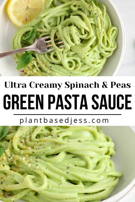 Close up on a bowl of vegan green pasta sauce made with spinach and green peas. Frozen Spinach Recipes, Spinach Pasta Sauce, Green Pasta Sauce, Green Peas Recipes, Spinach Recipes Healthy, Spinach Noodles, Vegan Pasta Sauce, Family Dinner Recipe, Pasta With Peas