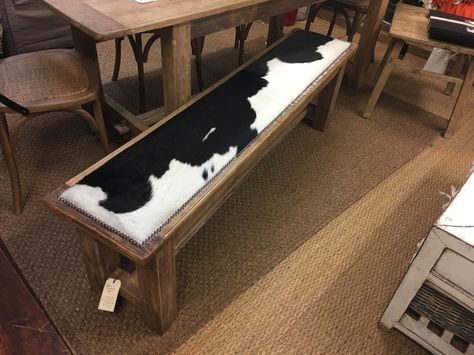 Elm and cowhide bench seat Cowhide Kitchen Table, Cow Hide Trunk, Cowhide Bench Seat, Western Bench, Live Edge Wood Furniture, Cowhide Bench, Cowhide Decor, Window Bench Seat, Wood Chair Diy