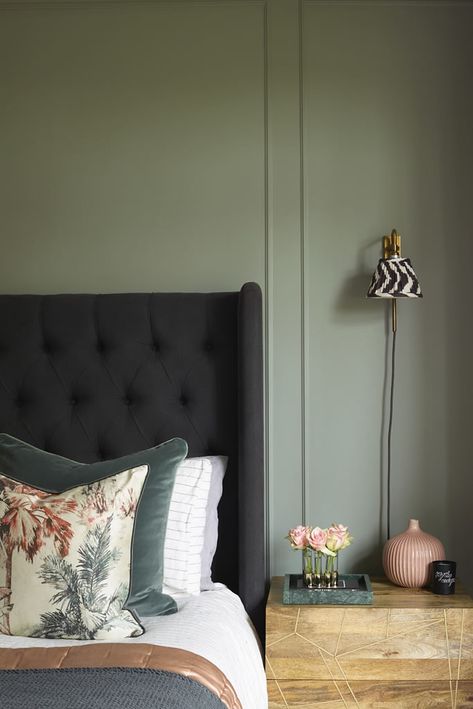 Charcoal Headboard, Charcoal Bedroom, Sage Bedroom, Green Headboard, Sage Green Bedroom, Grey Headboard, Sage Green Walls, Green Walls, Bedroom Headboard