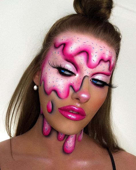 Katie Wakenshaw (@katiewakenshaw) posted on Instagram: “Melting ice cream 🍦 Sorry I lost all patience for the neck 😂 My recreation of @judastape and @colombelli_makeup 💗…” • Oct 20, 2020 at 7:46pm UTC Melted Face Makeup, Cupcake Makeup, Ice Cream Clown Makeup, Candyland Halloween Makeup, Melting Makeup, Ice Cream Make Up, Candy Sfx Makeup, Melted Ice Cream Makeup Halloween, Cake Face Makeup