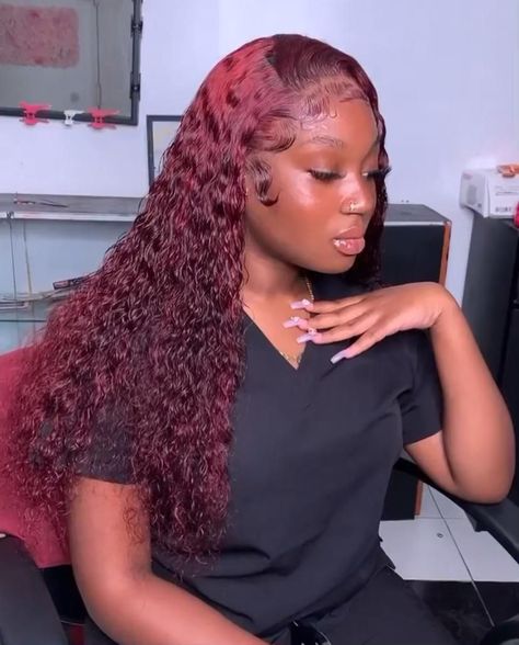 Burgundy Wet And Wavy Hair, Wet And Wavy Lace Front Wig Color, Burgundy Water Wave Wig, Burgundy Curly Wig, Wig Room, Red Curly Wig, Two Ponytail Hairstyles, Wet And Wavy Hair, Hair Color Plum