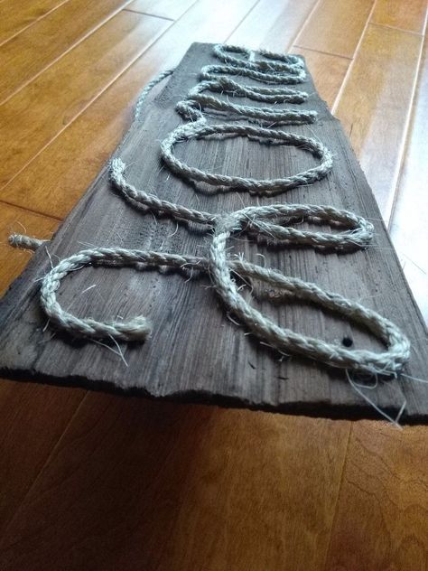 Rope Sign Made From Reclaimed Cedar Shakes Shingle Art, Salt Wash Paint Furniture, Rope Candle Holder, Cedar Projects, Diy Signage, Rope Sign, Stall Decorations, Cedar Shingle, Cedar Shake Roof