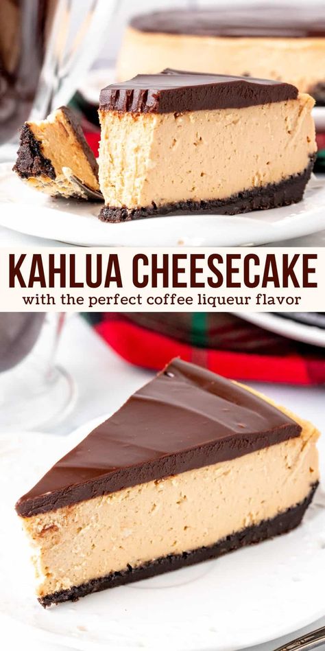 This Kahlua cheesecake is the perfect grown up dessert. It's incredibly creamy with a delicious coffee liqueur flavor that's not too overpowering and pairs perfectly with the decadence of the cheesecake. An Oreo cookie crust and chocolate ganache topping really take this to the next level. #kahlua #cheesecake #coffee #oreocrust #christmas #newyears #coffeeliqueur #recipe from Just So Tasty Cheesecake Recipes With Alcohol, Cheesecake With Liquor, Kailua Cheesecake, Kahlua Cheesecake Recipe, Kahlua Dessert Recipes, Alcoholic Cheesecake, Espresso Cheesecake Recipes, Coffee Cheesecake Recipes, Kahlua Desserts