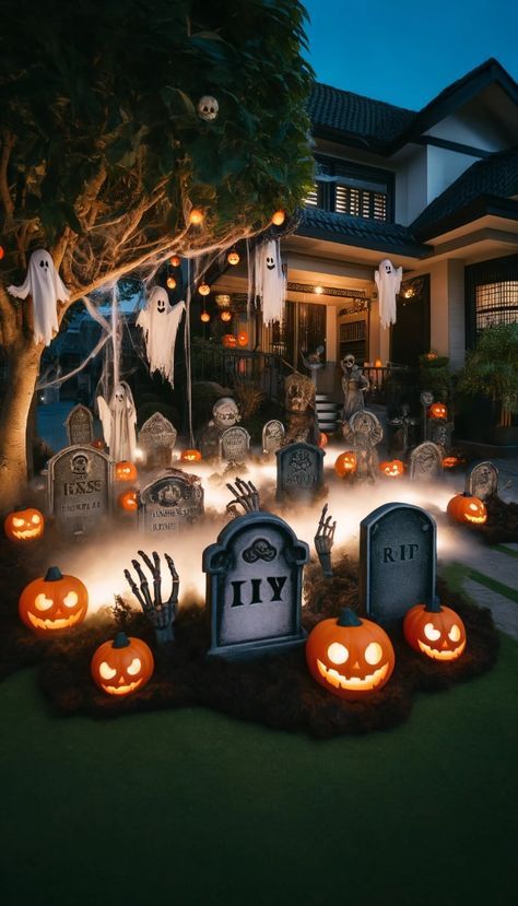 Graveyard Decorations Halloween, Graveyard Halloween Decorations, Outdoor Halloween Decor Front Yards, Halloween Graveyard Ideas, Halloween Graveyard Decorations, Halloween Front Yard, Halloween Exterior, Beetlejuice 2024, Scary Halloween Yard