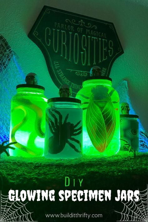 Glowing Specimen Jars for Halloween Glowing Jars Diy, Glowing Halloween Decorations, Creepy Jars For Halloween, Alien Specimen Jars, Halloween Jar Filler Ideas, Halloween Specimen Jars Diy, Mad Scientist Haunted House Ideas, Specimen Jars Halloween, Glow In The Dark Potion Diy