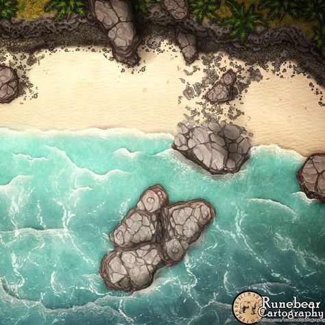 Boulder Beach Battlemap! Tropical environments are some of my favorite places to adventure in D&D. What memories of tropical adventures do you have? . . . #dnd #battlemaps #dungeonsanddragons #dndmaps #fantasymaps #cartography #dnd5e #criticalrole #dndbeyond #roll20 Dnd Beach Map, Beach Battlemap, Pirate Cove, Boulder Beach, City Ideas, Tabletop Rpg Maps, Island Map, Dnd Maps, Rpg Maps