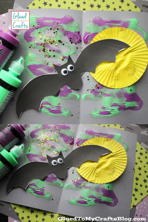 Paint Splat Bat At Night Craft Idea Black Handprint Crafts, Bat Crafts For Preschoolers, Bat Theme Preschool, Frankenstein Crafts Preschool, Bat Craft For Preschool, Preschool Bat Crafts, Bat Toddler Craft, Bat Preschool Crafts, Bat Craft Kindergarten