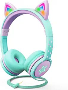 Cat Headphones, Teal Light, Kids Headphones, Headphones With Microphone, Headphone With Mic, Adjustable Headband, Wired Headphones, Cat Ear, Audio Headphones