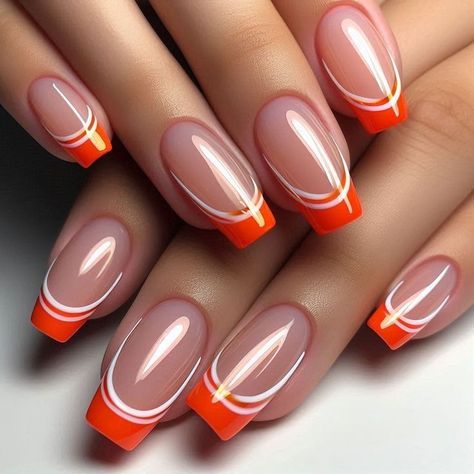 Clear Nails With Nail Art, White Nail Tips With Design, White And Orange Nail Designs, Unique French Manicure Designs, Black And Orange French Tip Nails, Thanksgiving French Tip Nails, Unique French Nails, Bright French Tips, Fancy French Nails