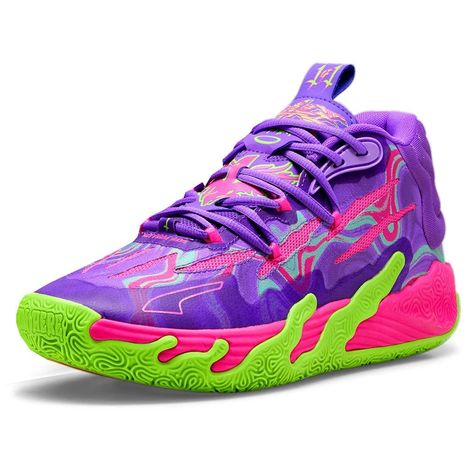 LaMelo Ball’s third signature shoe MB.03 takes a trip to the never before seen alternative universe that is the Melo world. Highlighted by slime inspired rubber wrap-ups and an engineered knit upper with scratch cutouts, the MB3 is truly Not From Here. The slime sole and space-age PUMA Hoops tech, including NITRO foam, make tournament ready look interplanetary..Engineered mesh upper.Thermoplastic polyurethane heel counter.NITRO Infused midsole.High abrasion, non-slip rubber outsole.LaMelo Ball branding.SKU: 37891601.Color: Purple.Feature: Comfort Technology, Slip Resistant.Material: Leather, Synthetic.Sport: Basketball.Style: Lace Up.Pattern: Graphic Colorful Volleyball Shoes, Lamelo Ball Shoes, Basketball Shoes Women's, Vb Shoes, Puma Basketball Shoes, Purple Basketball Shoes, Alternative Universe, Basketball Style, Rare Shoes