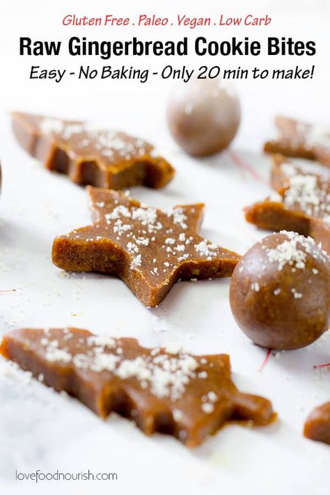 You will love these raw gingerbread cookie bites! If you are a fan of gingerbread or anything ginger you will love these paleo cookie bites and will be reaching for another one! Perfect as an easy homemade Christmas gift - they only take 20 minutes to make. Gluten Free, Low Carb, Paleo and Refined Sugar Free. #christmasrecipes #paleorecipes #veganrecipes #dairyfree #cleaneating #gingerbread #paleo #vegan Paleo Cookie, Healthy Christmas Cookies, Cookie Bites, Paleo Cookies, Gluten Free Christmas, Paleo Recipes Easy, Raw Desserts, Paleo Vegan, Paleo Snacks