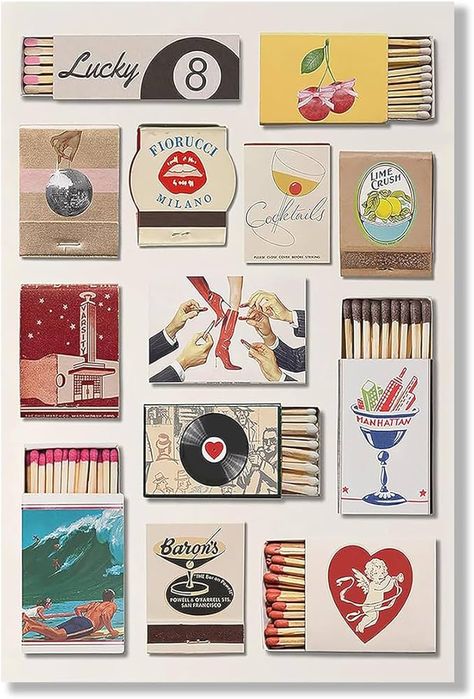 Amazon.com: Vintage Matchbook Prints Painting Trendy Coastal Cowgirl Matches Poster Retro Eclectic Matchbox Canvas Wall Art Funky Match Box Aesthetic Room Wall Decor for Bar Cart Unframed 12x16inch: Posters & Prints Aesthetic Room Wall Decor, Box Aesthetic, Funky Aesthetic, Wall Art Funky, Retro Eclectic, Nyc Print, Art Funky, Matchbook Art, Matchbox Art