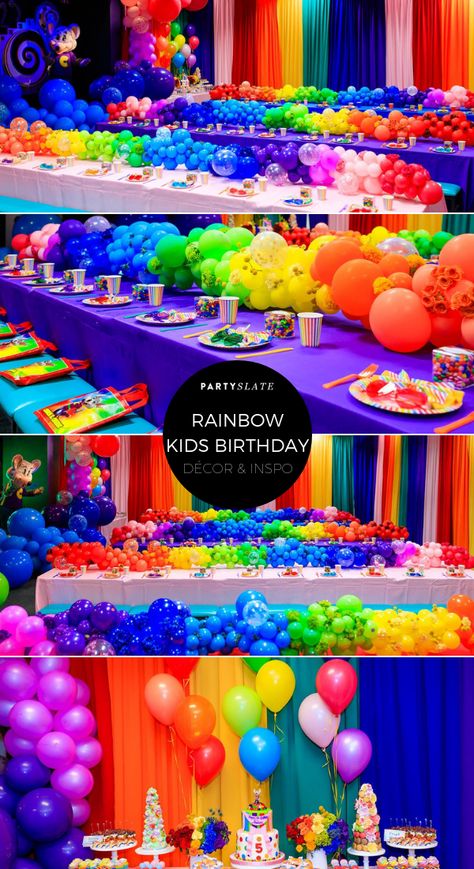 This rainbow kids birthday party was a whirlwind of bright colors, from rainbow wall draping to cascading rainbow balloon arrangements along brightly colored tables. Bright Rainbow Birthday Party, Rainbow Tea Party Church Decorations, Rainbow Balloon Decorations, Color Theme Party Ideas For Adults, Rainbow Bright Party, Rainbow Kids Party, Colorful Birthday Party Decorations, Wall Draping, Crayola Party