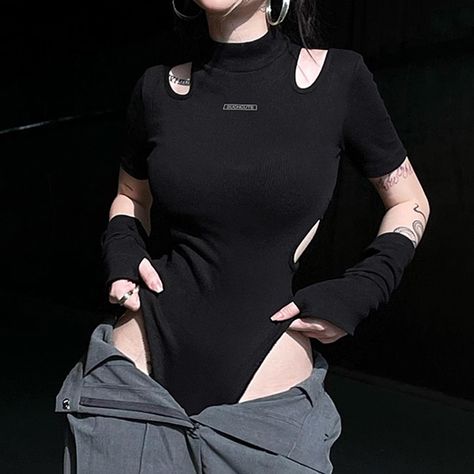 Cutout Bodysuit Outfit, Tops With Gloves, Shape Grammar, Bodysuit With Gloves, Cyberpunk Accessories, Reference Clothes, Cutout Tops, Moda Grunge, Dark Punk