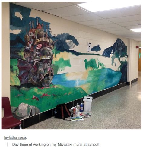 Howl's Castle Is Moving To This High School Hallway Howls Moving Castle Bedroom Ideas, High School Hallway, Howl's Castle, Castle Mural, Twin Storage, School Hallway, Bedroom Mural, School Hallways, School Painting