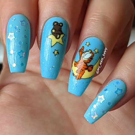 #nailart #nailstagram #instanails #notd #nails #manicure #nailsoftheday #nailsofinstagram #nailspafeature #nailitdaily #nailspiration #cutenails #nailedit #naildesigns #naildesign #nailsit #nailpromote #nailporn #nailswag #nailartist #nailtrend #trendingnails #nailsonfleek #nailfie #garfield #cartoon #blue #stars #moon #glitter Bluey Nails Cartoon, Garfield Nails, Cookie Monster Nails, Snoopy Nails, Rounded Acrylic Nails, Character Nails, Monster Nails, Garfield Images, Garfield Cartoon