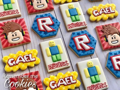 Roblox Birthday Party Ideas - A Pretty Celebration Roblox Cookies Ideas, Roblox Decorated Cookies, Roblox Birthday Cookies, Roblox Cookies Decorated, Roblox Birthday Party Decorations, Roblox Cookies, Roblox Party Ideas, Roblox Themed Birthday Party, Roblox Party Decorations