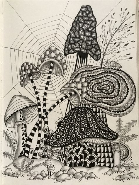 Spider Web Zentangle, Zendoodle Art Mushroom, Mushrooms Zentangle, Spider Zentangle, Zentangle Mushrooms, Creative Doodle Art, Doodle Art Ideas, Drawing Ideas Doodles, Zendoodle Art