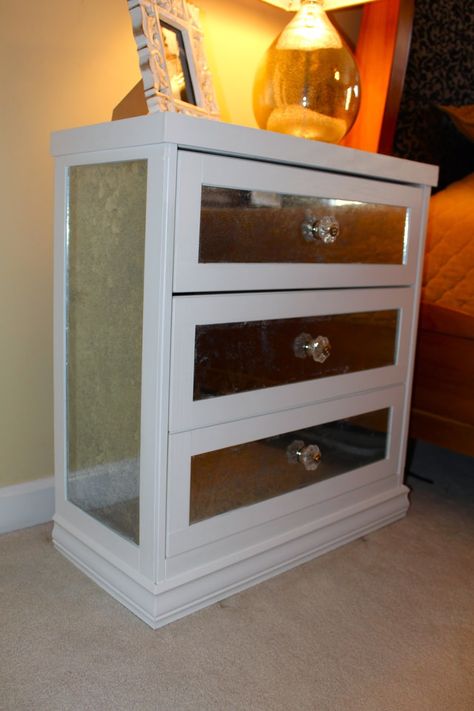 Ikea Rast Hack Nightstand, Diy Nightstand With Drawer, Ikea Nightstand Hack, Diy Mirror Dresser, Diy Furniture Nightstand, Diy Mirrored Furniture, Nightstand Hack, Ikea Nightstand, Ikea Rast Hack