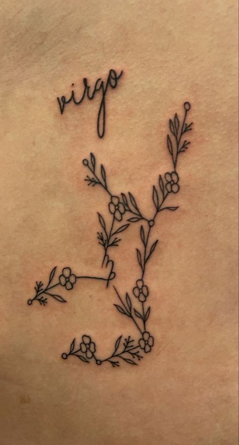 Star Sign Flower Tattoo, Small Tattoos Virgo, Virgo Star Tattoo, Virgo Tattoo Minimalist, Virgo Tattoo Designs Constellations, Virgo Star Constellation Tattoo, Floral Virgo Constellation Tattoo, Virgo Constellation Tattoo, Virgo Star