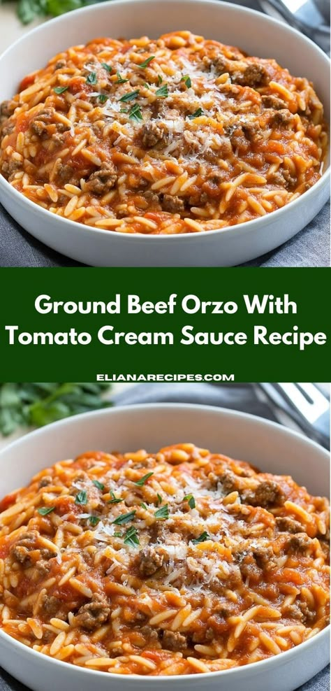 Need a simple yet delicious dinner idea? This Ground Beef Orzo With Tomato Cream Sauce is an easy one-pot dish that brings warmth and satisfaction to the table, ideal for family gatherings. Beef Orzo, Creamy Ground Beef, Quick Ground Beef Recipes, Ground Recipes, Cream Sauce Recipe, Tomato Cream Sauce, Creamy Pasta Dishes, Orzo Recipes, Cream Sauce Recipes