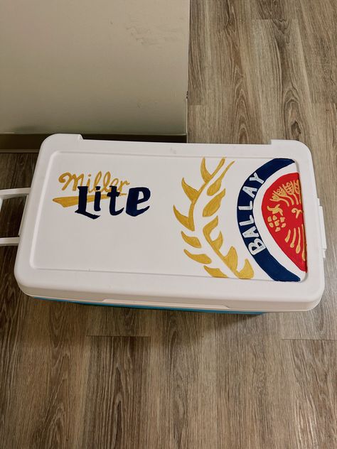 Miller light logo, frat cooler with personalized name, fraternity going away formal cooler Diy Beer Pong, Diy Beer Pong Table, Fraternity Cooler, Formal Cooler Ideas, Fraternity Coolers, Cooler Ideas, Frat Coolers, Cooler Painting, Beer Pong Tables