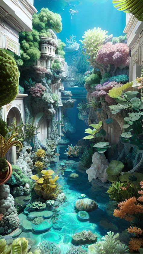 Underwater Village, Ocean Palace, Mermaid Palace, Island Kingdom, Magic Places Fantasy Dreams, Magic Realms, Water World, Family World, Fantasy Background