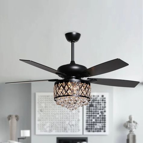 House of Hampton® 52'' Flythe 5 - Blade Crystal Ceiling Fan with Remote Control and Light Kit Included & Reviews | Wayfair Family Room Ceiling, Bedroom Redecorating Ideas, Louisiana House, Bedroom Ceiling Fan, Stylish Master Bedrooms, Bedroom Redecorating, New Home Lighting, Black Crystal Chandelier, House Foyer