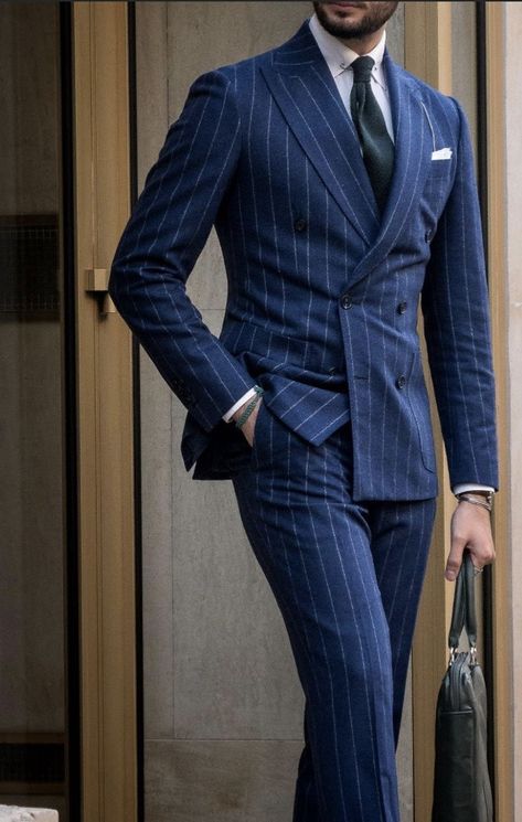 British Fashion — • J O B 👔👨🏻‍💻💼 Mens Suits Pattern, Blue Striped Suit, Blue Pinstripe Suit, Tailor Made Suits, Suit Combinations, Designer Jackets For Men, Men's Business Suits, Suits Clothing, Bespoke Suit